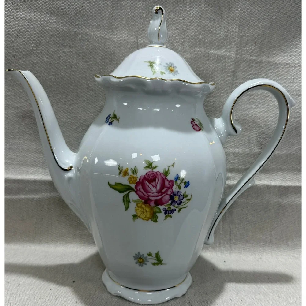 Schumann Arzberg Bavaria Germany Porcelain Coffee Pot Floral Rose Gold Trim 11in